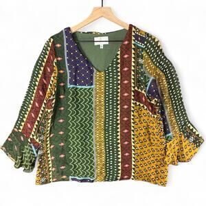 Belle France Silk Boho V-neck Blouse S Bell Sleeve Lagenlook Gypsy Italian Jewel